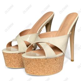 Olomm 2023Handwork femmes plate-forme Mules sandales en cuir verni Ultra talons hauts bout ouvert jolie Beige chaussures de fête US grande taille 5-20