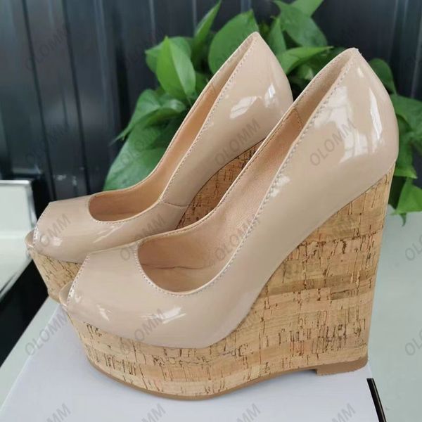 Olomm 2023New Arrivée À La Main Femmes D'été Brillant Pompes Sexy Compensées Talons Peep Toe Jolie Nude Blanc Gris Parti Chaussures Taille 35-52