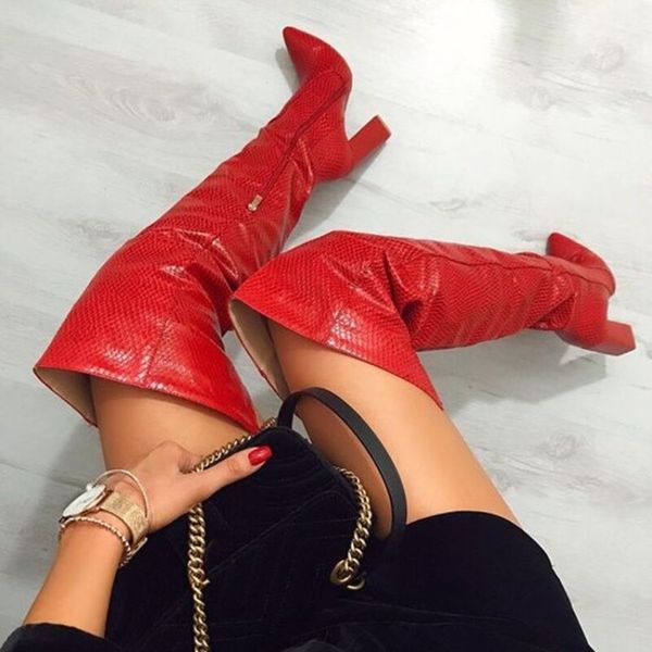 Olomm, botas por encima de la rodilla hechas a mano para mujer, botas cuadradas de tacón alto, punta estrecha, bonitos zapatos de fiesta de color rojo vino para mujer, tallas de EE. UU. 5-15