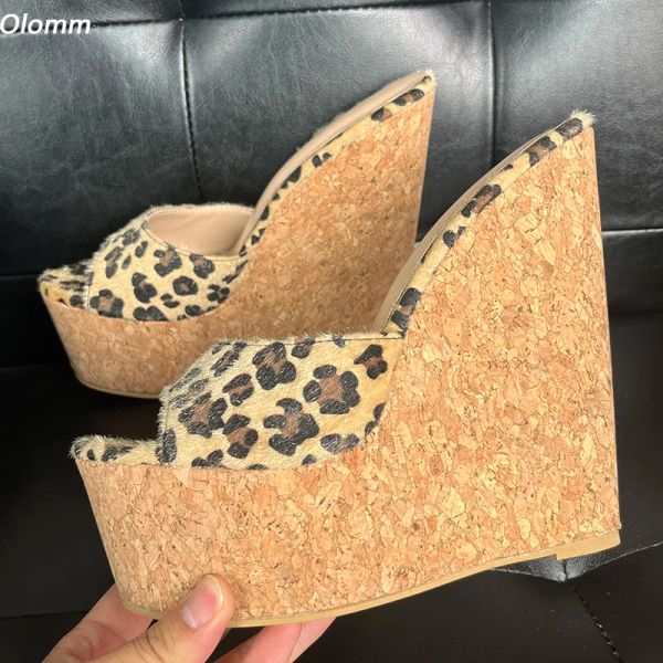 Olomm, sandalias de plataforma hechas a mano para mujer, cuñas sexis, tacones, punta abierta, hermosos zapatos de leopardo para Cosplay, talla grande de EE. UU. 5-20