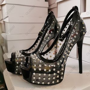 Olomm handgemaakte dames platformpompen bezaaid sexy stiletto hakken Peep teen mooie zwarte nachtclubschoenen dames plus ons maat 5-20