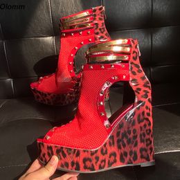 Olomm – sandales à plateforme pour femmes, faites à la main, cloutées, talons compensés, bout ouvert, belles chaussures de Cosplay léopard, grande taille américaine 5-20