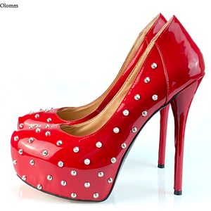 Olomm, zapatos de tacón brillantes hechos a mano para mujer, remaches sexys, tacón de aguja, punta redonda, preciosos, 11 colores, zapatos para discoteca, tallas de EE. UU., 5-20