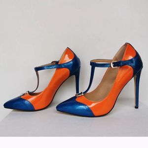 Olomm, zapatos de tacón con correa en T hechos a mano para mujer, zapatos de tacón alto de aguja con punta en pico, hermosos zapatos de fiesta naranja para mujer, tallas grandes de EE. UU. 5-15