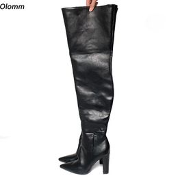 Olomm, botas de invierno hechas a mano para mujer, tacones gruesos rígidos, Unisex, punta redonda, elegantes zapatos negros para Cosplay, tallas de EE. UU., 5-15