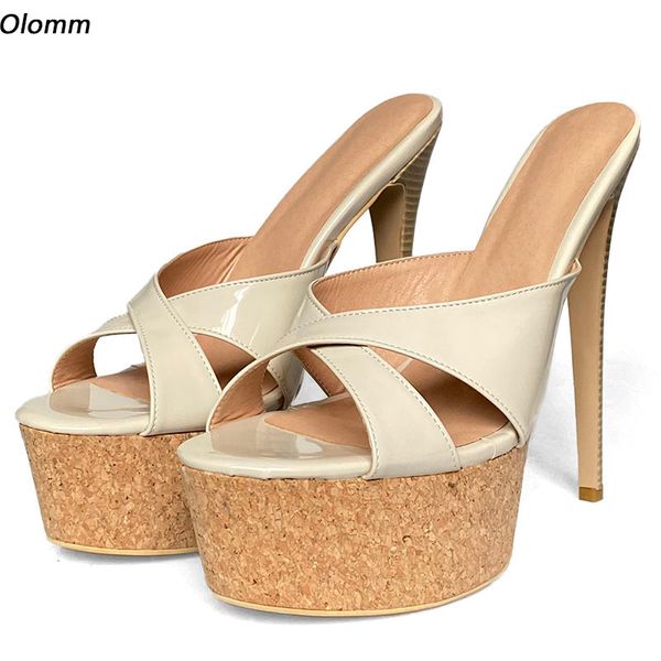 Olomm – Mules à plateforme en cuir verni pour femmes, sandales à talons Ultra hauts, bout ouvert, jolies chaussures de soirée beiges, grande taille américaine 5-20