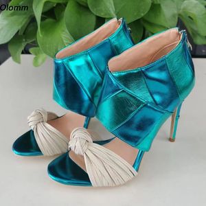 Olomm Italiaanse stijl vrouwen sandalen gemengde kleur stiletto hakken rond teen prachtige lake blauw feestschoenen maat 35 47 52