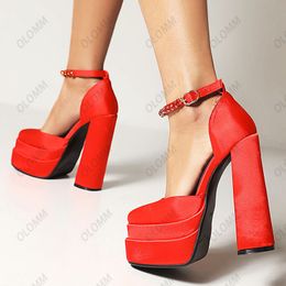 Olomm nouveauté femmes pompes strass talons épais pompes bout carré magnifique rouge rose Fuchsia chaussures de fête femmes taille américaine 5-20