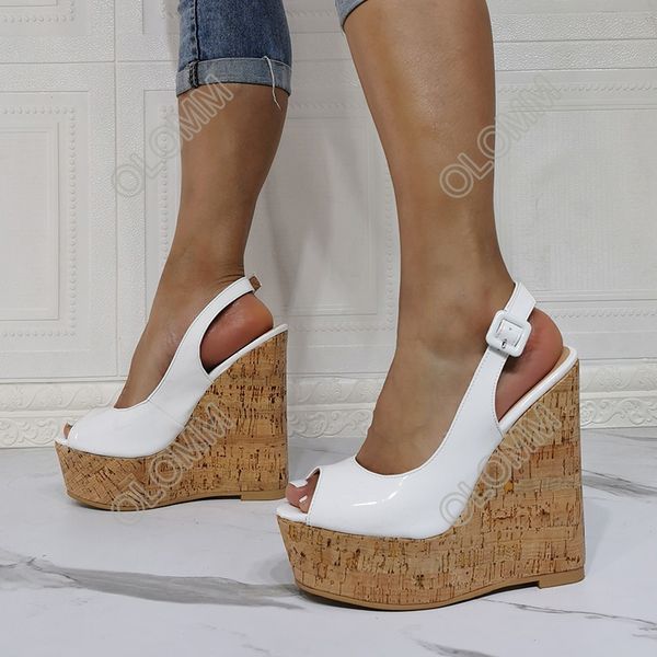 Olomm, nuevas sandalias a la moda para mujer, cuñas con hebilla, tacón Peep Toe, hermosos zapatos de fiesta dorados, blancos, fucsias, para mujer, de talla grande de EE. UU., 5-20