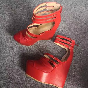 Olomm New Women Platform Sandali con pieghe Zeppe Sandali con tacco alto Punta tonda Splendide scarpe da festa rosse Donna US Plus Size 5-15