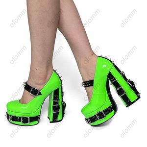 Olomm New Women Platform Pumps Patent Studded dikke hakken Buckle Round Toe Cool Girl Girgy Night Club Shoes Ladies Us Us Maat 5-15