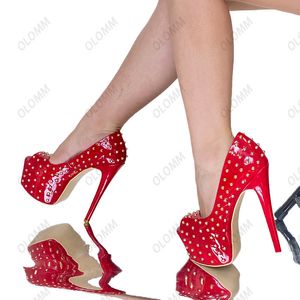 Olomm nouvelles femmes plate-forme brillant clouté pompes talons aiguilles pompes Peep Toe magnifique 4 couleurs chaussures de fête femmes Plus taille américaine 5-20