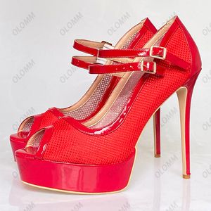 Olomm élégant femmes été pompes maille Ultra talons hauts Peep Toe magnifique rouge noir Club Cosplay chaussures femmes taille américaine 5-20