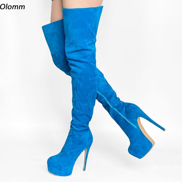 Olomm jambe large personnaliser femmes hiver cuissardes Faux daim talons aiguilles bout rond bleu ciel chaussures de fête Plus taille américaine 5-20