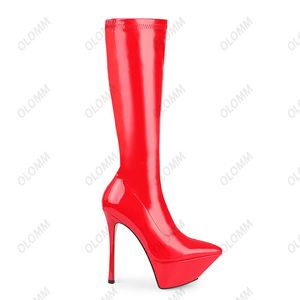 Olomm femmes printemps plate-forme Stretch genou bottes talons aiguilles bout pointu Fuchsia noir rouge Cosplay chaussures Plus taille américaine 5-13