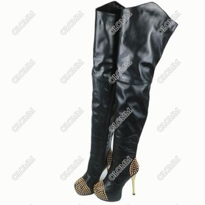 Olomm femmes cuissardes talons aiguilles bottes Sexy goujon bout pointu magnifique noir boîte de nuit chaussures femmes Plus taille américaine 5-15