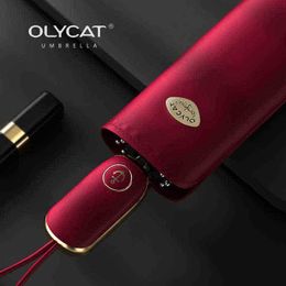 Olycat Flat Handle Red volledig automatische paraplu meisjes vrouwen mannen reizen buiten regen ontwerper schattig J220722