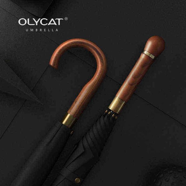 Olycat New Wooden Long Umbrella Men Company Vintage Big Wave Wind Briefs Simple Outdoor Travel Rain Women J220722