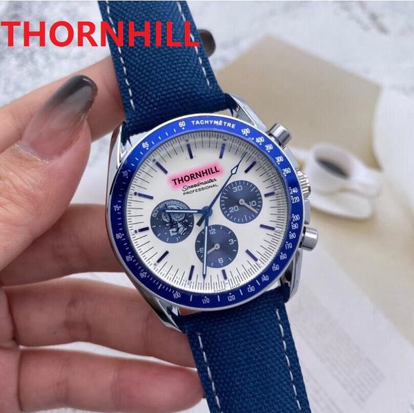 OM-Speadmastes Marque Top qualité Hommes Montre 42mm Fonction Complète Chronomètre Noir Bleu Noir Nylon Tissu De Luxe Quartz Président Popluar Beau Modèle Super Montre-Bracelet