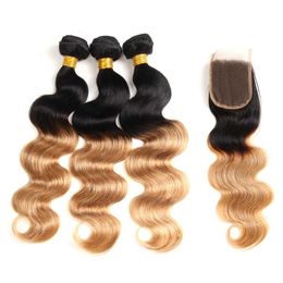 Omber Blonde Gekleurde Haar Weave Bundels met Sluiting Body Wave 1b / 27 Ombre Braziliaanse Maagd Haar 3 Bundels met 4 * 4 Kantsluiting Extension