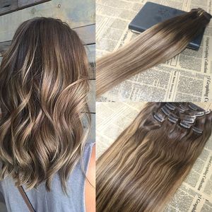 Omber Clip in Hair Extensions Balayage #2 Dark Brown fading to #27 Remy Human Hair Clip on Extensions Sew in Brazilian Weft Extensions