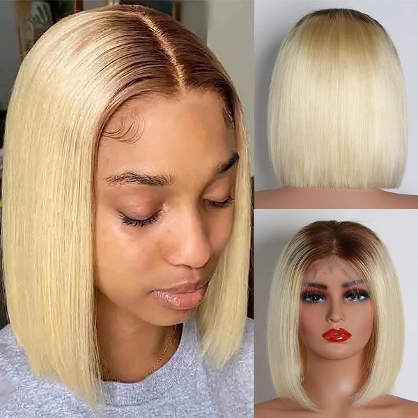 Peluca de Bob corto rubio miel Omber, peluca recta con corte Bob T4/613 de densidad 180%, pelucas de cabello humano con frente de encaje transparente Remy brasileño 13x4