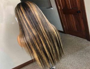 Ombre 1b 27 couleur droite cheveux vierges brun et transparent point culminant miel blond dentelle avant perruque266w4597791