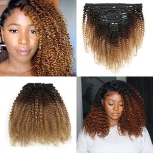 Ombre 1B/4/27 Mongoolse clip in mensenhaarbreidingen remy 8 pc's/set afro kinky krullende clips ins voor Afro -Amerikanen vrouwen