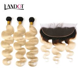 Ombre 1b / 613 Bleach Blonde Kant Frontale Sluiting 13x4 Size Braziliaanse Peruviaanse Maleisische Indiase Russische Maagd Menselijk Haar sluitingen Body Wave