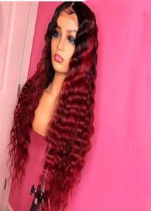 OMBRE 1B 99J Bourgondië Rood gekleurde kant Vront Hair Pruiken Preplucked Wave Braziliaanse Remy voor Black Woman6116072