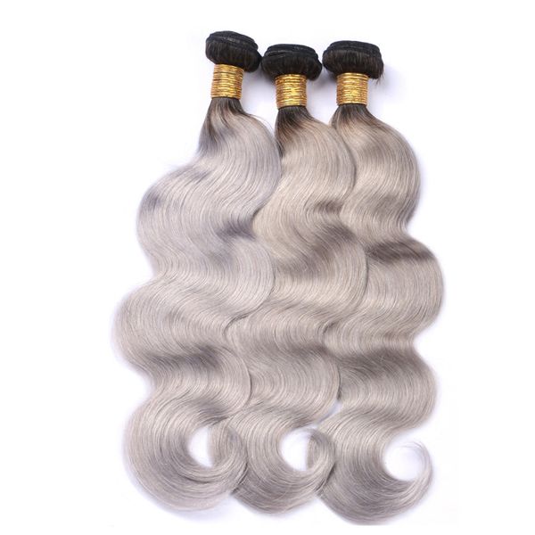 Ombre 1B/gris brésilien vague de corps humain Remy vierge cheveux tisse 100 g/paquet Double trames 3 paquets/lot