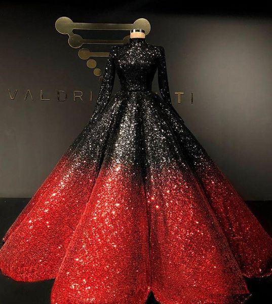 Ombre 2020 paillettes robes de bal col haut à manches longues rouge et noir robes de soirée dubaï arabe une ligne formelle Wear4586634