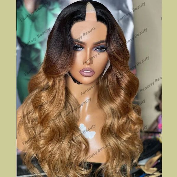 Ombre 3t Racines foncées Honey Blonde Body Wave 100% Human Hair 1x4 Middle V Pire Perreaux Easy Wear Long Long U Pièce Wigs 6clips