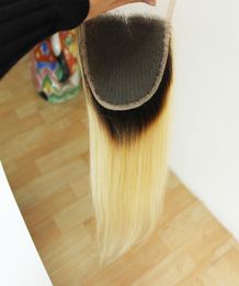 Ombre 4x4 1b 613 racine foncée cheveux blonds péruvien cheveux raides dentelle fermeture part1451800