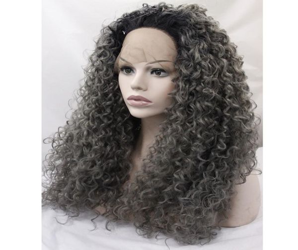 Ombre afro rizado rizado gris oscuro encaje sintético peluca frontal sin glúer de dos tonos negros negros grises grises resistentes al calor resistente a las mujeres WI813455555