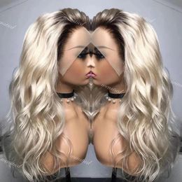 Perruque avant en dentelle blonde cendrée ombrée, cheveux humains, racines foncées, cheveux humains chinois 13x4.