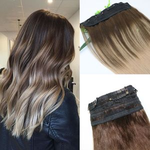 Ombre Ash Blonde met Warm Highlights Donkerbruin Root One Stuk Clip in Human Hair Extensions 5Clips per stuk Braziliaans Maagdelijk Haar