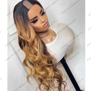 Ombre Black Roots 100% Perruques de Cheveux Humains Honey Blonde Body Wave pour Femmes Sans Colle Long 30 Pouces 1x4 Ouverture U Part Perruques avec 6Clips