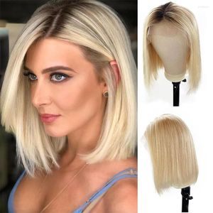 Ombre blond 613 Bob Wig Human Hair Rechte 13x4x1 Middle T Part Lace voorpruiken vooraf geplukte stompe knipje Kort voor vrouwen