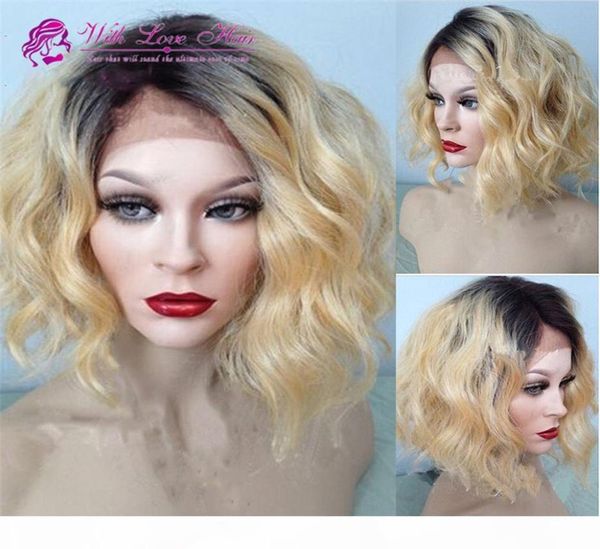 Ombre Blonde Color 100 Pelucas llenas del cordón del cabello humano de la Virgen de Malasia pelucas delanteras del cordón nudos blanqueados ombre pelucas del cabello humano 4650400