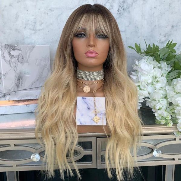 Perruque Lace Front Wig brésilienne Remy sans colle, cheveux naturels ondulés, couleur Blonde ombrée, densité 200%, pour femmes