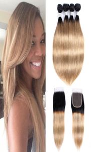 Bundeos de cabello rubio ombre con cierre 1B 27 Honey rubia brasileño cabello liso remy extensiones de cabello humano 4 paquetes con 4x4 LA5928342