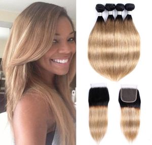 Bundas de cabello rubio ombre con cierre 1B 27 Honey Rubia Brasil Cabello liso Remy Extensiones de cabello humano 4 Bundles con 4x4 LA5464329