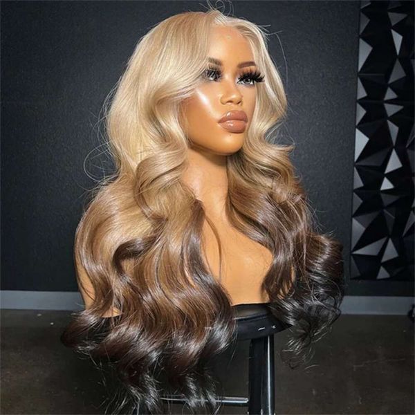 Highlight blonde ombre pour les femmes Perruques avant en dentelle synthétique 13x4 Body Wave pré-cueillies avec des cheveux longs fibres