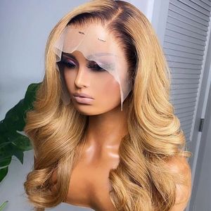 Perruque Lace Front Wig naturelle ondulée, cheveux humains, blond ombré 1B27, 13x6, densité 180%, pre-plucked, Body Wave, blond miel, pour femmes noires