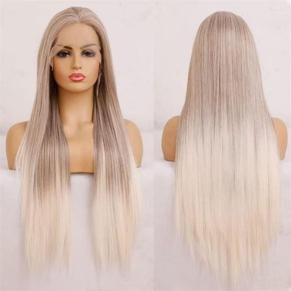 Ombre Blonde Long Silky Straight Lace Front Highlight Cheveux Synthétiques Pour Les Femmes Ligne De Cheveux Naturelle Usage Quotidien