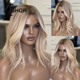 Perruque Lace Frontal Wig naturelle ondulée courte, Blonde ombrée, 13x4, pre-plucked, avec Closure, naissance des cheveux naturelle, pour femmes