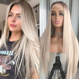 Ombre blond rechte kanten voorpruik synthetische pruiken platina met bruine wortel vooraf geplukte babyhaar 150D gluueless 240419