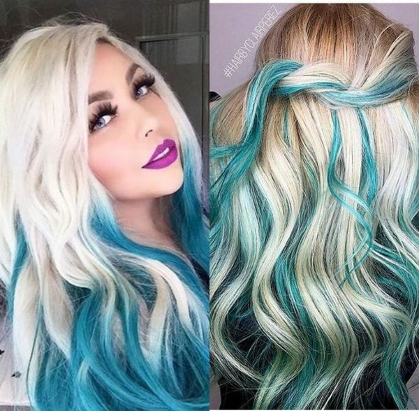 Perruque Lace Front Wig synthétique Body Wave bleue ombrée pour femmes, cheveux longs mélangés blonds, couches résistantes à la chaleur, perruques de fête Cosplay