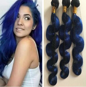 Tissage de cheveux humains ombré, racines bleues foncées, noir et bleu, Body Wave, offre de 3 lots